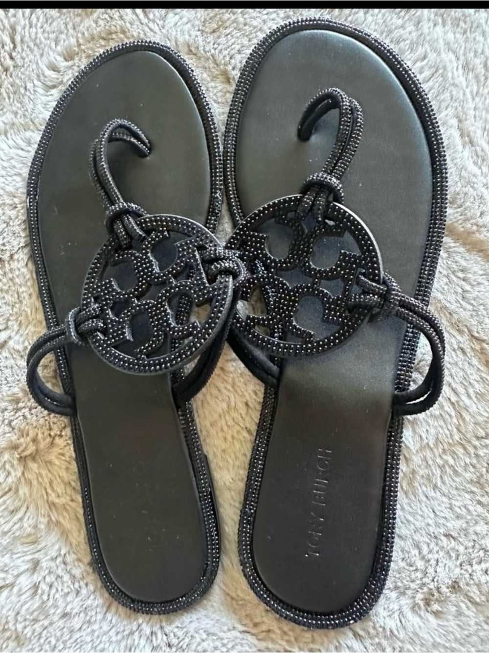 Tory Burch Black Logo Medallion Braided-Trim Sandals